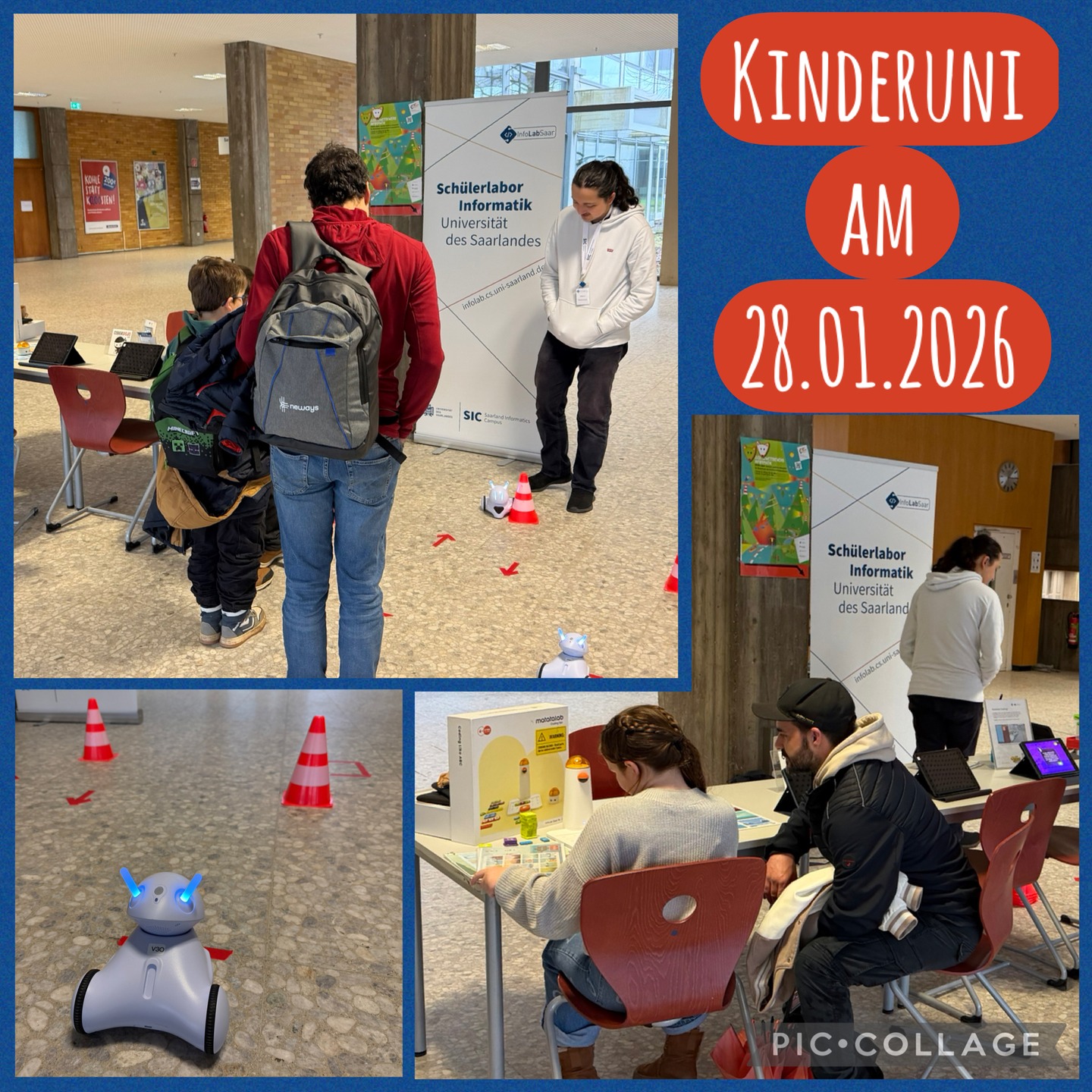 📅 Am Mittwoch, den 28.01.2026, war das InfoLab beim Vorprogramm der letzten Vorlesung der @kinderuni.saarland im Wintersemester dabei.

🤖 Bei uns am Stand im Foyer konnten die Kinder den Photon-Roboter (@photoneducation) programmieren. Es gab zwei verschiedene Aufgaben: Um die Pylone fahren und zurück zum Start oder hinter der Pylone einparken. Das haben die Kinder sehr gut gemacht! 

😎 Sehr beliebt war auch das Programmieren lernen mit der kostenlosen App "Rabbis Coding" : Das Kaninchen muss in die Waschmaschine. Eine wilde Geschichte, aber sehr beliebt bei den Kindern. Sehr wahrscheinlich werden einige Kinder zu Hause alle weiteren Level der App durchspielen.

🐤 Mit Matatalab können schon Kinder ohne Lesekompetenz erstes Programmieren ausprobieren. 

🎯 Im nächsten Semester ist das InfoLab gerne wieder bei der Kinderuni dabei!
