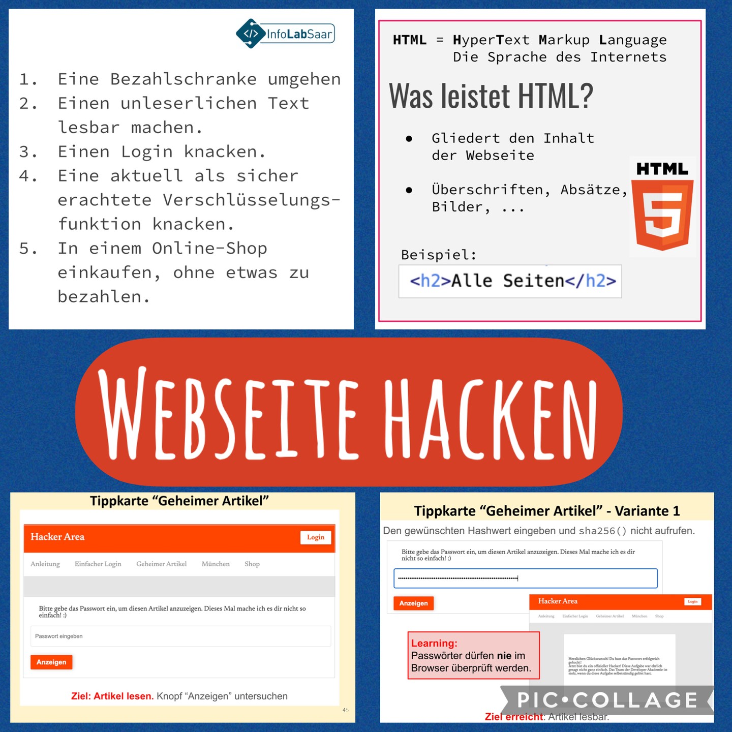 📅 Für die Beratungsstelle Hochbegabung des @bildungscampus_saarland bietet das InfoLab regelmäßig Workshops an. Am Montag, den 26.01.2026, konnten Schüler*innen der weiterführenden Schule mit uns eine Webseite hacken.

🎓 Damit gehackt werden kann, muss man die Grundlagen der Webentwicklung kennen: HTML, CSS und Javascript. Der Workshop begann mit einer kurzen Einführung in die Grundlagen.

🕵️ Mit dem neuen Wissen und mit Hilfe der Entwicklerwerkzeuge des Webbrowser gingen wir zum Angriff über: Passwörter knacken, Unleserliches lesbar machen, kostenlos Einkaufen usw. Nichts war vor uns sicher! 

🎯 Wer auch mit uns das Hacken lernen möchte, kann sich per Mail an uns wenden: infolab@cs.uni-saarland.de oder über unsere Webseite beim Newsletter anmelden.